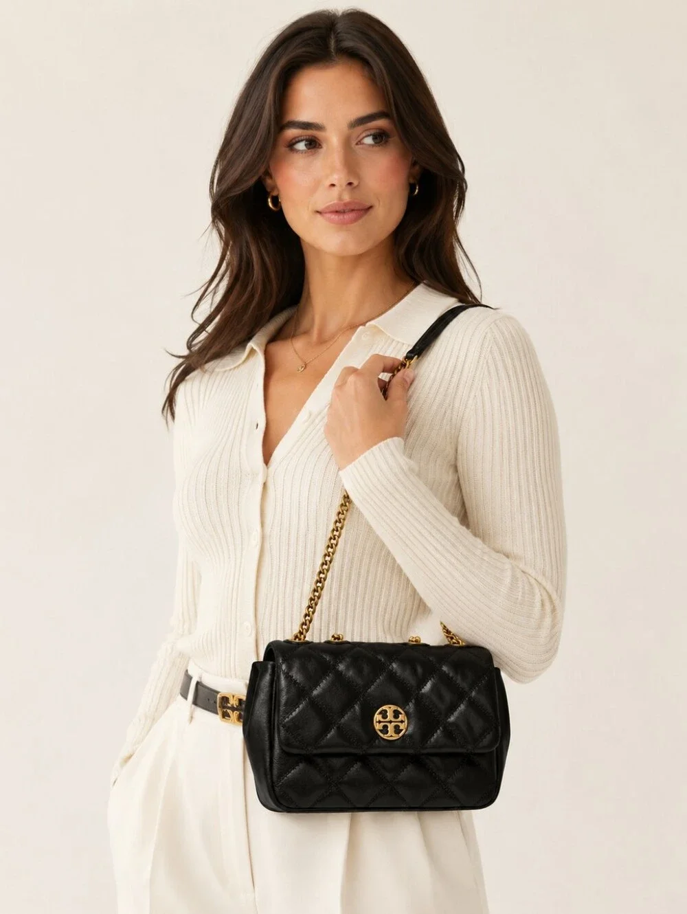Tory Burch Willa Small Shoulder Bag Black Diamond Quilted Leather NWT